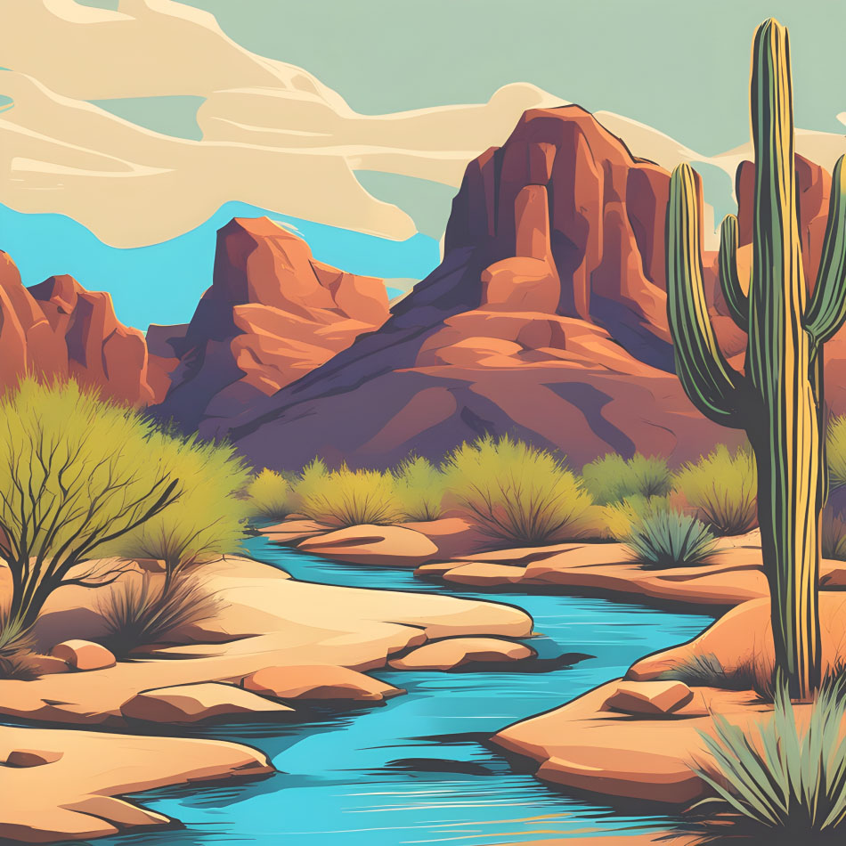 Desert landscape with a river running through it.