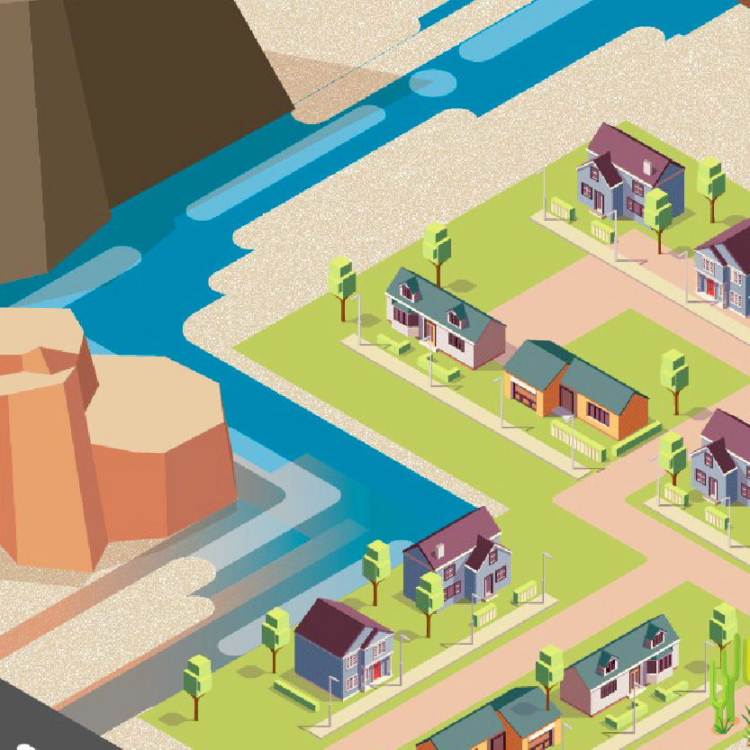 An illustration of water, mountains, a road, and homes.