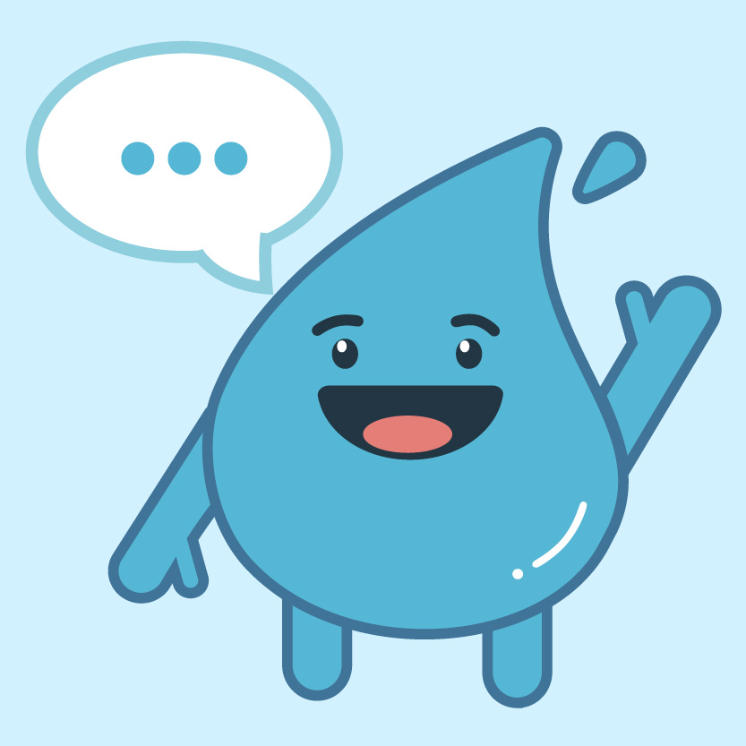 Blue the water drop character with a text bubble containing three dots above his head.
