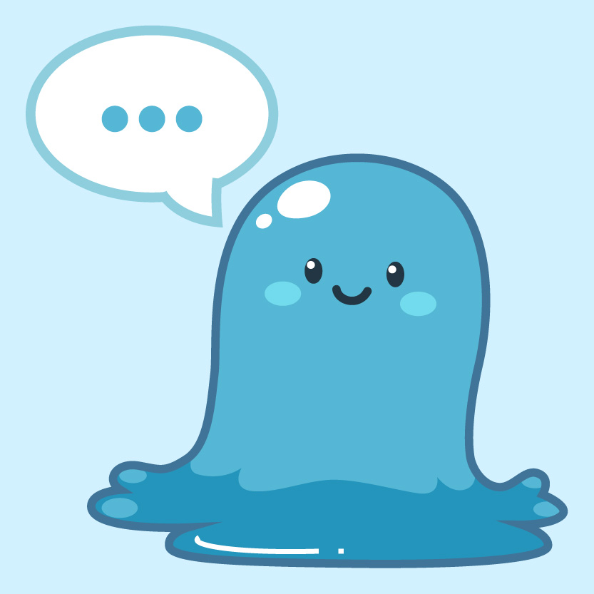 River the water spirit character with a text bubble containing three dots above her head.