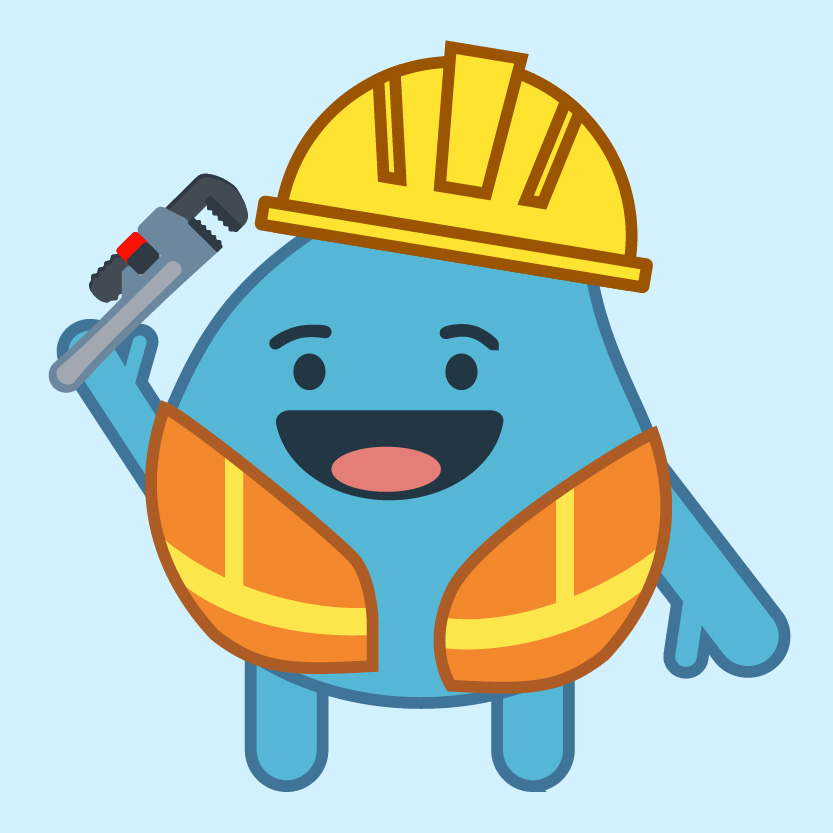 Blue the water dropped character dressed as an engineer, wearing a hard hat and construction vest, and holding a wrench.