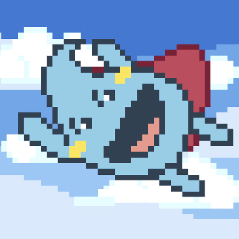 A pixel art style verison of Blue the water drop character wearing a cape and flying