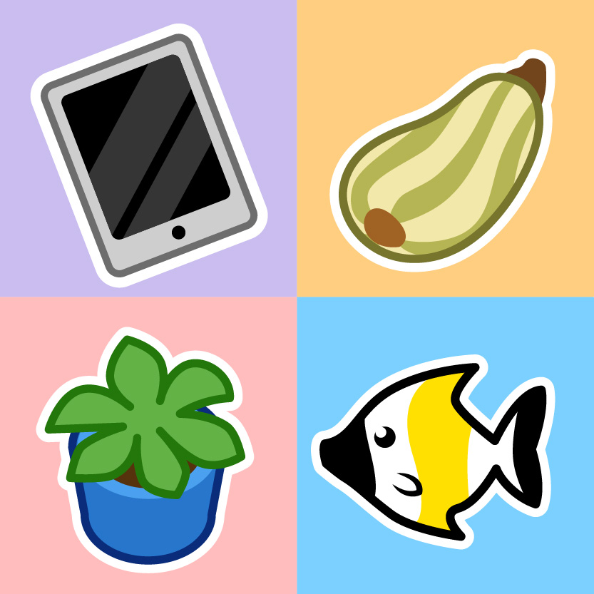 Four /images in a grid: A tablet, a squash veggie, a potted plant, and a fish